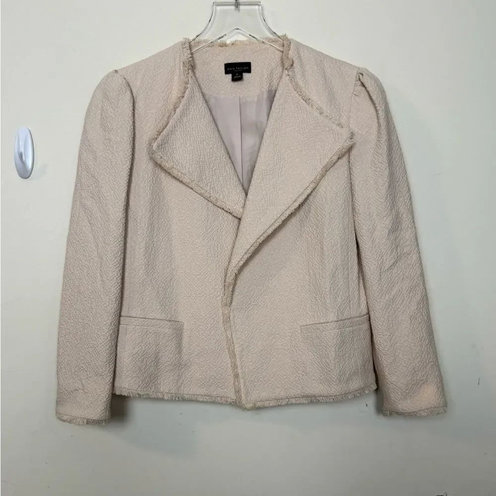 Ann Taylor Beige Frayed Hem Tweed Blazer Jacket 00 Light Pink/ Neutral